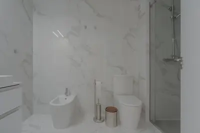 a white bathroom with a toilet and a shower at Brand New Musas Ap by Best2Stay in Porto