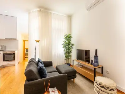 a living room with a couch and a tv at Well-equipped apartment in Oporto in Porto