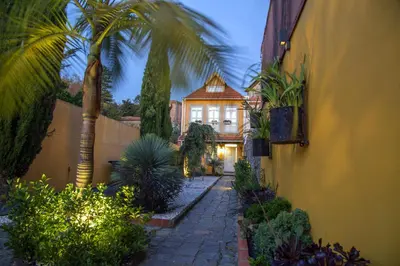 a house with a palm tree in front of a building at Cedofeita Village in Porto