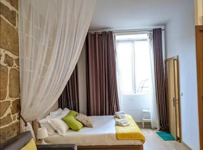 a bedroom with a bed with a curtain at Porto-Stone Wall Apartment in Porto