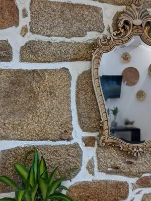 a mirror on the side of a stone wall at Porto-Stone Wall Apartment in Porto