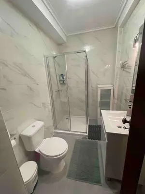 a bathroom with a shower and a toilet and a sink at T1 near El Corte Inglés in Vila Nova de Gaia