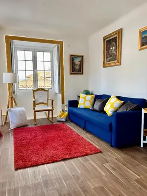 a living room with two mirrors and a red rug at Oporto Blue Miragaia - Central Apartment With Charm in Porto