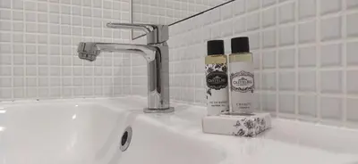 a bathroom sink with a faucet and two bottles of soap at Stay in Apartments Ribeira 24 in Porto