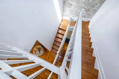a cat sitting in the middle of the stairs at ApartmentsPorto - Porto Dukes House in Porto