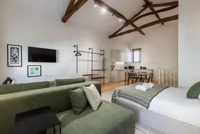 a living room with two green couches and a tv at Albertina Carlos Alberto by Aspasios in Porto