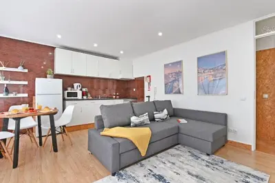a living room with a gray couch and a kitchen at Apartamento Ponte D Luís in Vila Nova de Gaia