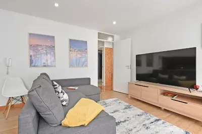 a living room with a gray couch and a large television at Apartamento Ponte D Luís in Vila Nova de Gaia