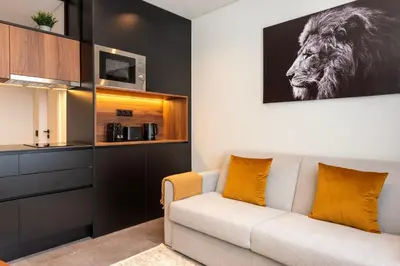 a living room with a couch and a picture of a lion at DoisPontoZero Fonseca Cardoso in Porto