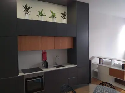 a kitchen with black cabinets and potted plants at H2OPorto Miragaia - Riverfront apartments in Porto historic district in Porto