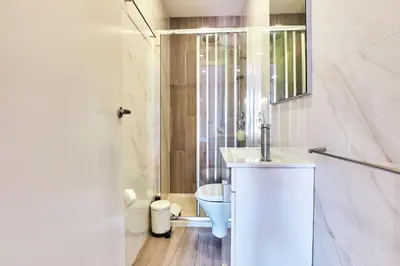 a bathroom with a toilet and a sink and a shower at Campanhã Clock House with terrace in Porto