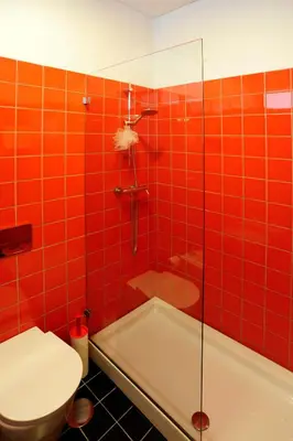a red tiled bathroom with a toilet and a shower at Baron Omega in Porto