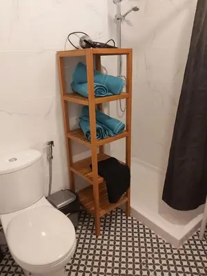 a bathroom with a toilet and a shelf with towels at Trindade Apartment in Porto