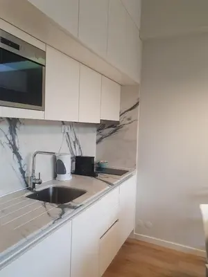 a white kitchen with a sink and a microwave at Charming Apartment in the Heart of Historic Porto in Porto