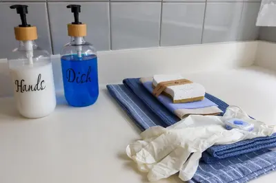 a bathroom counter with two bottles of detergent and towels at Porto Family Home Apartment in Porto