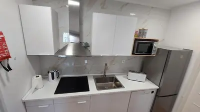 a kitchen with white cabinets and a sink and a refrigerator at RIVER VIEW TMB oporto station house in Porto
