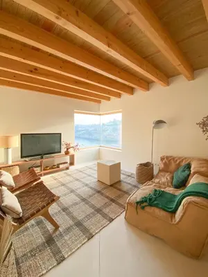 a living room with a couch and a tv at Plunge Pool River Views Apt A Adults Only in Porto
