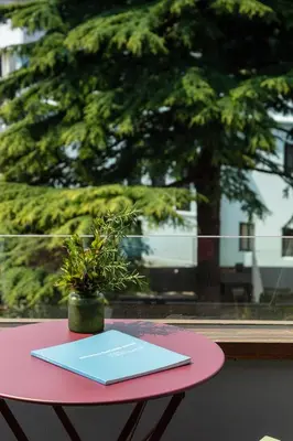 a pink table with a book and a potted plant on it at Baumhaus Serviced Living - Art & Design Apartments in Porto