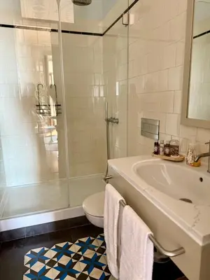 a bathroom with a shower and a sink and a toilet at Alegria Vintage Apartments - Porto in Porto