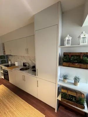 a kitchen with white cabinets and plants on shelves at Casa da Música Apartment in Porto