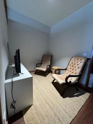 a living room with two chairs and a television at Casa da Música Apartment in Porto