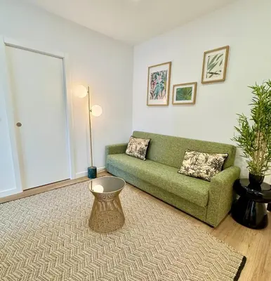 a living room with a green couch and a rug at Historic Porto Flat I Balcony & Views by MyMoradia in Porto