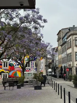 a city street with a tree with purple flowers at Douro Views by MyMoradia in Porto