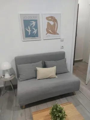 a gray couch in a living room with pictures on the wall at PTLC225 Apartament T1 Porto Centro in Porto