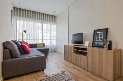 a living room with a couch and a television at Antas Park with pool and gym - to work & leisure in Porto