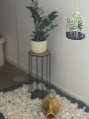 a plant on a stand next to a potted plant at CreaConfort Casa Boa Jóia de Campanhã in Porto