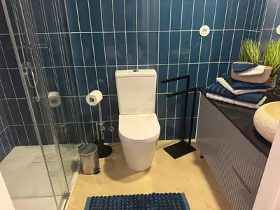 a bathroom with a toilet and a glass shower at CreaConfort Casa Boa Jóia de Campanhã in Porto