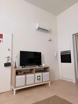a living room with a flat screen tv on a white wall at Guindais River View II in Porto