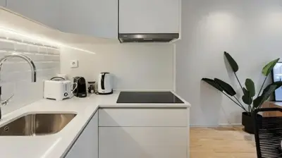 a white kitchen with a sink and a counter top at Stylish Flat with Balcony, In Central Porto in Porto