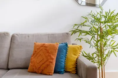a pillow sitting on a couch with two plants at Bright 2bedroom apartment in Bonfim, 2 minutes from Campanhã, Porto city center in Porto