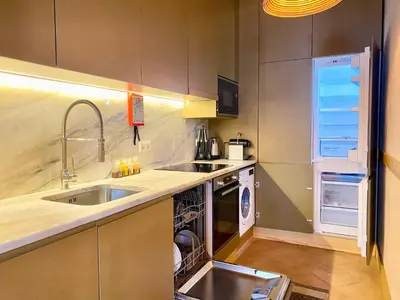 a small kitchen with a sink and a dishwasher at Paraíso Garden Apartments in Porto