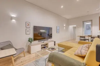 a living room with a couch and a tv at OPORTO GUEST Alegria126 in Porto