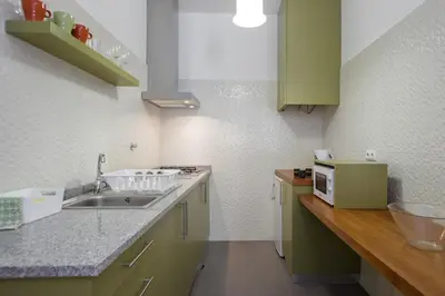 a kitchen with green cabinets and a sink at Almond Biscuit Porto Historic Center in Porto