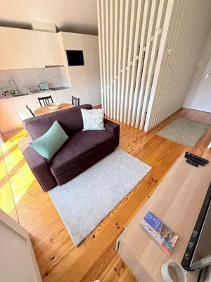 a living room with a brown couch and a wooden floor at Bonjardim Bright Studio in Porto