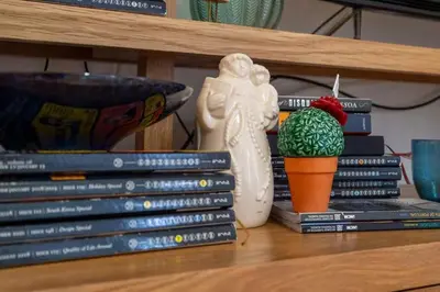 a stack of books sitting on a shelf with a cactus at City Center Lello and Clerigos 5min Walk with Free Parking in Porto