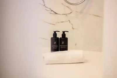 two bottles of soap sitting on top of a paper towel at Golden Comfort CasaBela 7 Star by LovelyStay in Porto