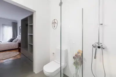 a white bathroom with a shower and a toilet at CdC Apartments by Casa do Conto in Porto