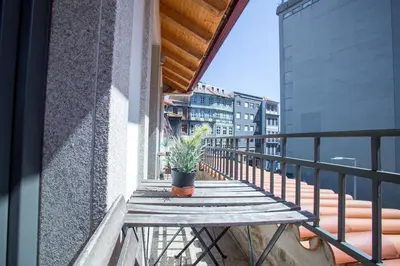 a potted plant sitting on a wooden table on a balcony at LivingPorto Apartments by Porto City Hosts in Porto
