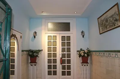 a hallway with a door and flowers in pots at Residencia Vale Formoso in Porto