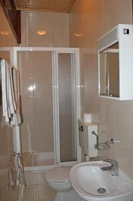 a bathroom with a shower and a toilet and a sink at Residencia Vale Formoso in Porto
