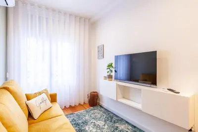 a living room with a couch and a flat screen tv at D&S - Crocodile House S. Bento Apartments in Porto
