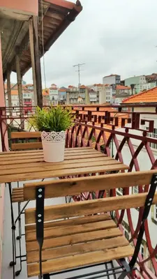 a wooden table with a potted plant on a balcony at D&S - Crocodile House S. Bento Apartments in Porto