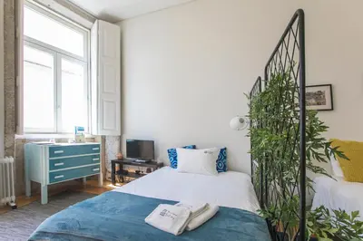 a bedroom with a bed and a plant at Monchique´s Balcony in Porto