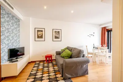 a living room with a couch and a television at Merc Porto Santa Catarina in Porto