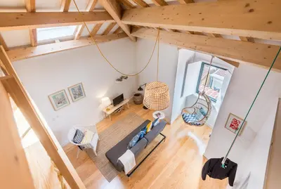 an overhead view of a living room with a couch at Loft 72 in Porto