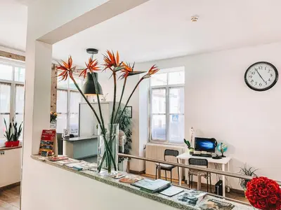 a room with a counter with a vase with flowers at Urban Garden Porto Central Hostel in Porto